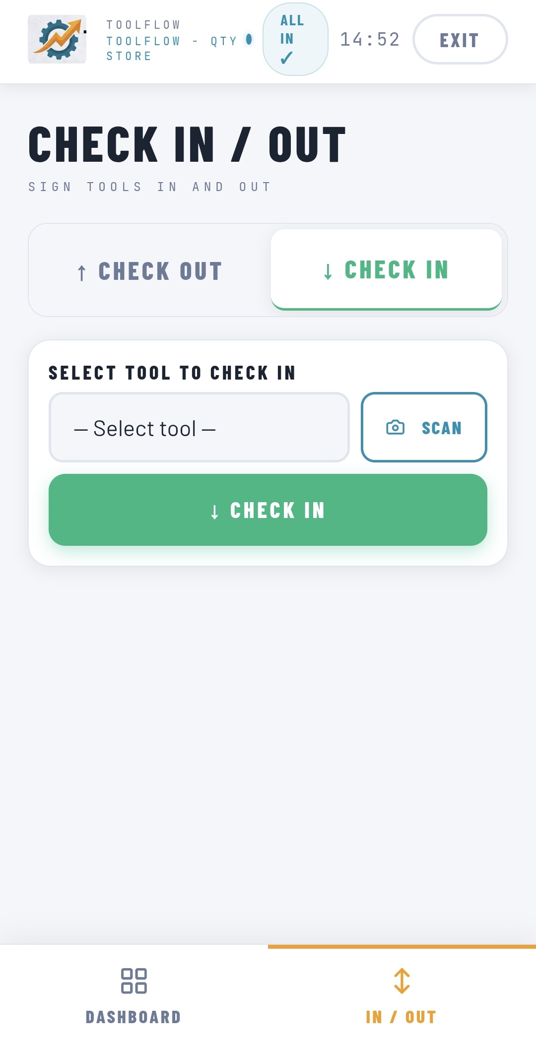 TOOLFlow check-in screen