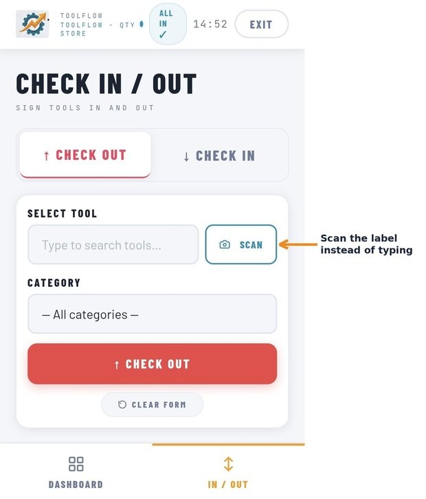 The TOOLFlow check out screen: search for a tool or scan its label